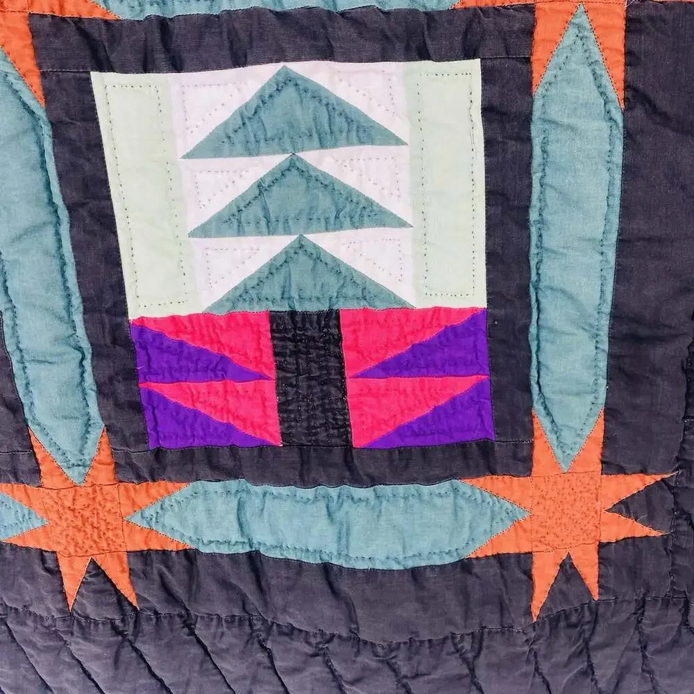 Vintage Handmade Millie Black Green Tree Star Quilt 42x32